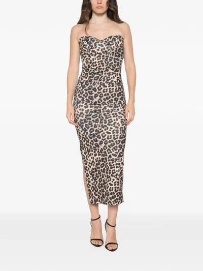Twenty Four Haitch Leopard-print Strapless Midi Dress In Brown