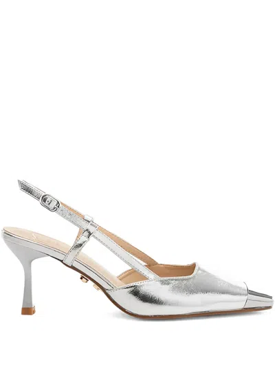 Twenty Four Haitch Square Toe Strap Pumps In Silver
