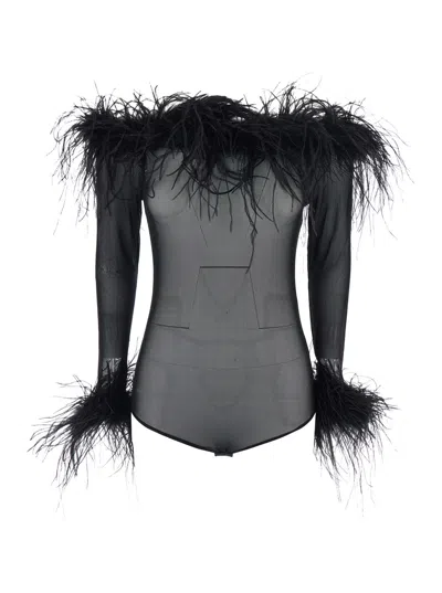 Twenty Four Haitch Twenty Fourhaitch Feather-trimmed Stretch Tulle Blouse In Black