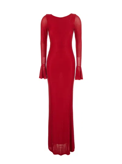 Twenty Four Haitch Twenty Fourhaitch Long Siren-line Tulle Dress With Wide Back Neckline And Strass Embellishment In Red