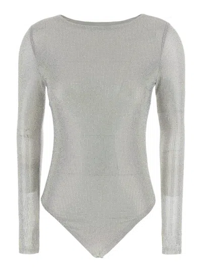 Twenty Four Haitch Twenty Fourhaitch Metallic Long Sleeve V-neck Bodysuit For Women In Gray