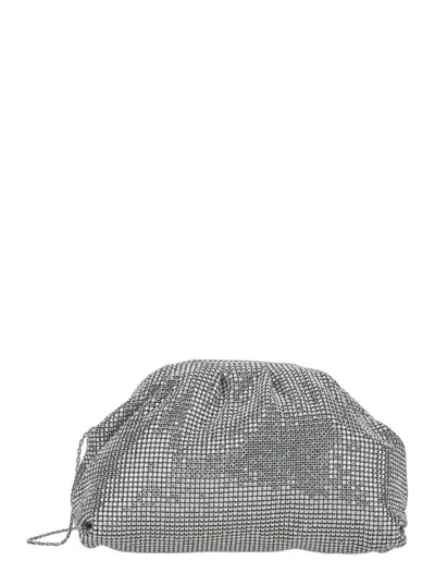Twenty Four Haitch Twenty Fourhaitch Petra Mini Crystal Mesh Pouch Handbag With Metal Closure & Removable Shoulder Stra In Metallic