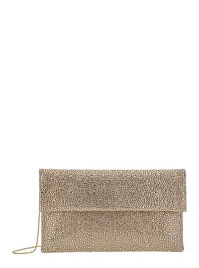 Twenty Four Haitch Twenty Fourhaitch Rhinestone-embellished Mini Metallic Clutch With Customized Metal Shoulder Strap In Gold