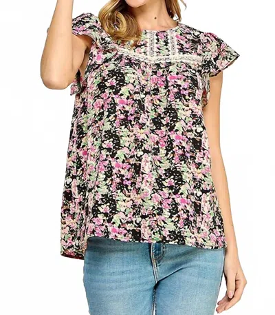 Twenty Ten Floral Print Blouse With Crochet Trim In Black In Multi