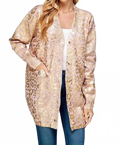 Twenty Ten Foil Animal Print Long Cardigan In Mauve In Gold