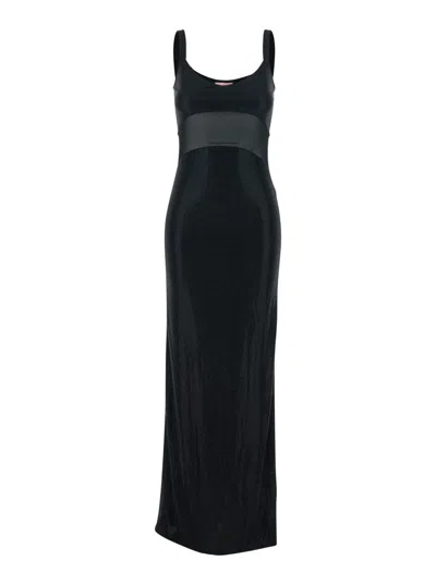 Twentyfourhaitch 'anse' Black Long Dress With Thin Straps And Rhinestone Application In Tech Fabric Woman