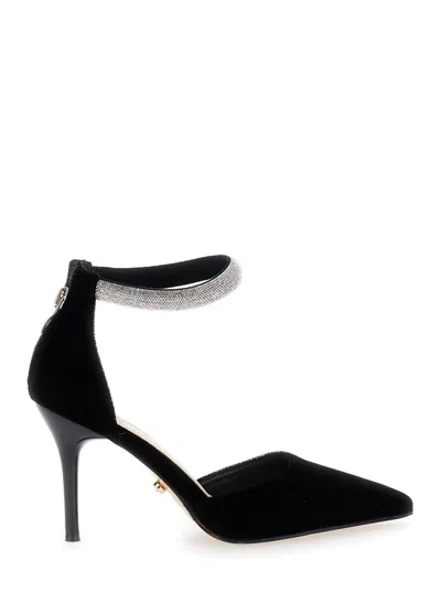 Twentyfourhaitch Black Pumps With Jewel Strap And Stiletto Heel In Velvet Woman
