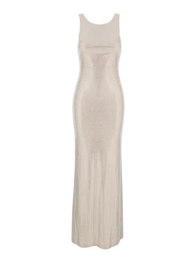 Twentyfourhaitch 'helios' Pink Rhinestoned Sleeveless Long Dress In Tech Fabric Woman In White