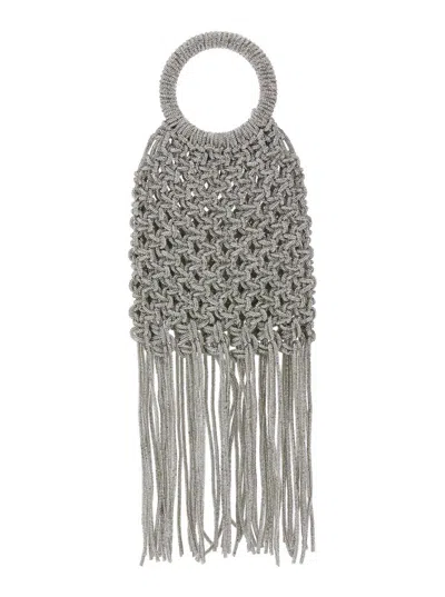 Twentyfourhaitch 'maronti' Silver Colored Handbag With Crystal Fringes And Knitted Effect In Tech Fabric Woman In Gray