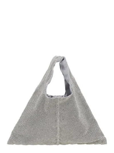 Twentyfourhaitch 'parks' Silver Colored Handbag With Open Top And All-over Applied Rhinestones In Tech Fabric Woman