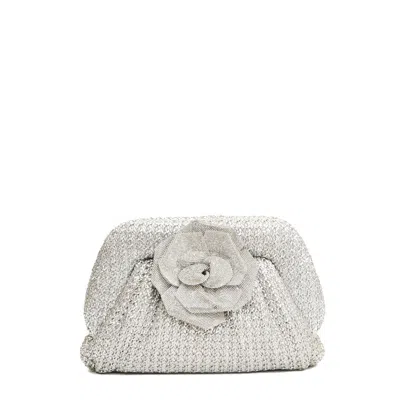 Twentyfourhaitch Woven Silver Clutch With Rhinestone Rose Detail In White