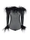 Twentyfourhaitch 'zuben' Black Top With Boat Neck And Removable Feathers Applied To The Edges In Stretch Tulle Woman In Black