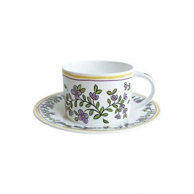 Twig New York H. Forget Me Not Bone China Teacup And Saucer In White;green;purple