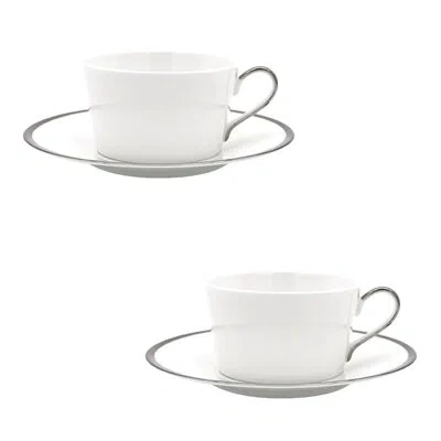 Twig New York Platinum Edge 4 Piece Tea Cup & Saucers Set In White;platinum