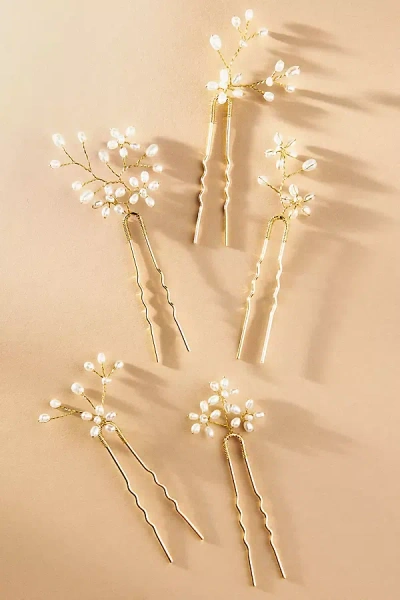 Twigs & Honey Baby's Breath Freshwater Pearl Hair Pins, Set Of 5 In Gold