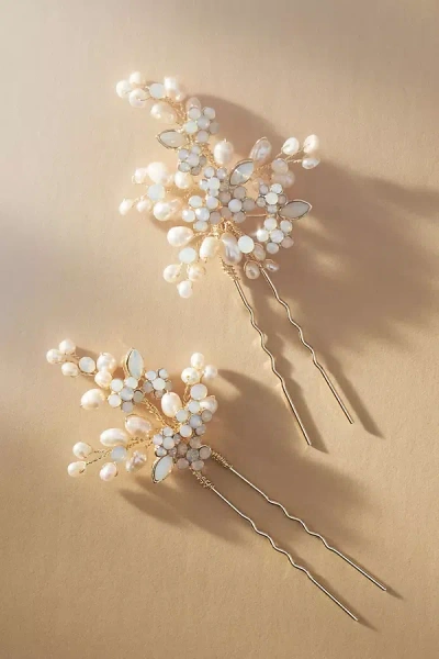 Twigs & Honey Baby's Breath Pearl And Crystal Hair Pins, Set Of 2 In White