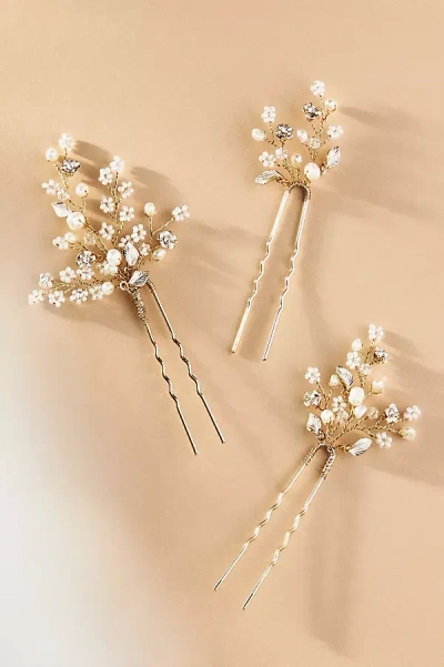 Twigs & Honey Dainty Beaded Fern Leaf Hair Pins, Set Of 3 In Gold