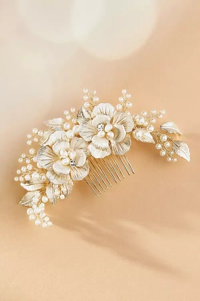 Twigs & Honey Double Flower & Pearl Spray Hair Comb In Gold