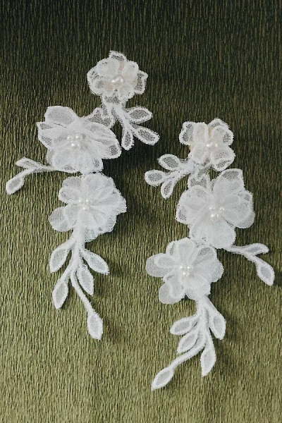 Twigs & Honey Silk Embroidered Drop Earrings In White