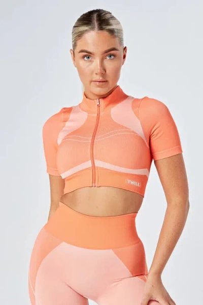 Twill Active Recycled Colour Block Zip-up Crop Top Coral In Orange