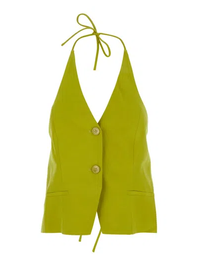 Twinset 2 Button Yellow Dress In Lyocell And Linen For Women In Green