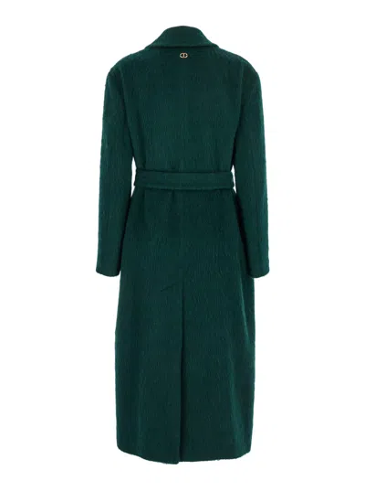 TWINSET GREEN DOUBLE-BREASTED COAT WITH NOTCHED REVERS AND BELT ON THE FRONT IN WOOL BLEND WOMAN