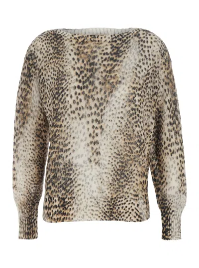 TWINSET BROWN CREWNECK SWEATER WITH ALL-OVER LEOPARD MOTIF IN WOOL BLEND WOMAN