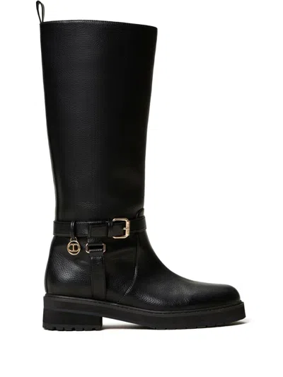 Twinset 40mm Oval T Leather Boots In 黑色