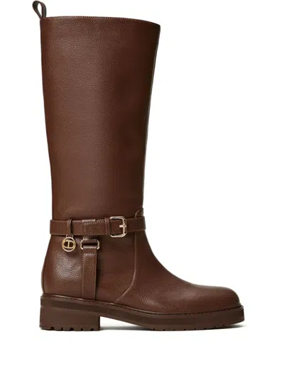 Twinset 40mm Oval T Leather Boots In Braun