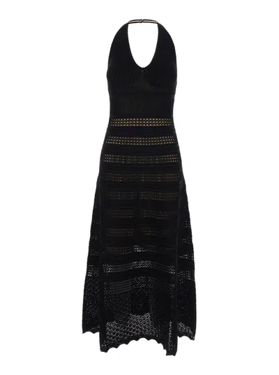 TWINSET LONG BLACK PERFORATED DRESS WITH HALTERNECK IN VISCOSE BLEND WOMAN