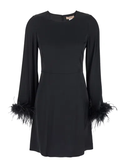 TWINSET BLACK CREWNECK DRESS WITH FEATHERED CUFFS IN VISCOSE WOMAN