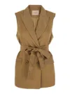 Twinset Beige Double-breasted Vest With Peak Revers And Adjustable Belt In Viscose Blend Woman In Green