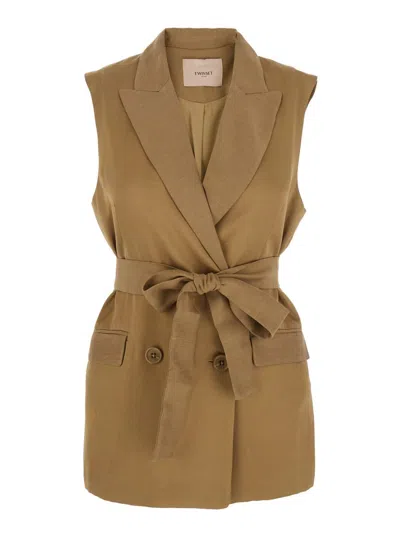 TWINSET BEIGE DOUBLE-BREASTED VEST WITH PEAK REVERS AND ADJUSTABLE BELT IN VISCOSE BLEND WOMAN