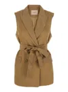 Twinset Beige Double-breasted Vest With Peak Revers And Adjustable Belt In Viscose Blend Woman In Green