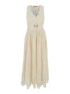 Twinset White Long Dress With V-neck And Waist Belt With Metallic Logo Plaque In Cotton Woman In White