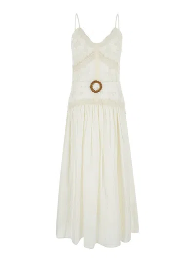 TWINSET LONG CREAM WHITE DRESS WITH EMBROIDERIES AND MATCHING BELT IN COTTON WOMAN