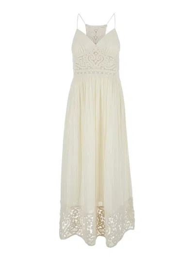 TWINSET WHITE LONG DRESS WITH EMBROIDERED MOTIFS IN COTTON BLEND WOMAN