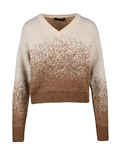 Twinset Actitude Cropped V-neck Knit Sweater With Gradient Pattern In Neutral