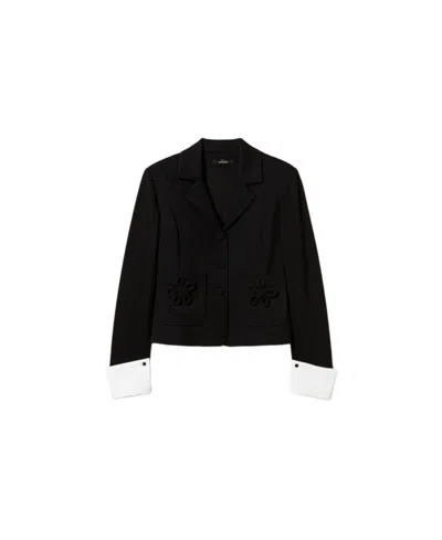 Twinset Actitude Floral Pin-detail Black Blazer With Removable Cuffs