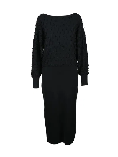 Twinset Actitude Textured Long Knit Dress With Fluid Silhouette And Voluminous Sleeves In Black