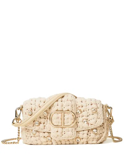 Twinset Amie Crochet Crystal-embellished Bag In Neutral