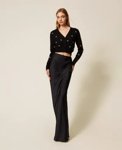 Twinset Angora Blend Cardigan With Embroidery In Black