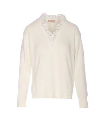 Twinset Angora Blend Sweater With Lace In White
