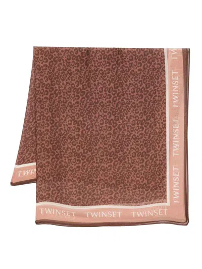 Twinset Animal Print Scarf With Logo In Brown