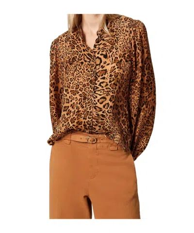 TWINSET LEOPARD-PRINT MOCK-NECK SHIRT