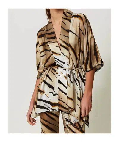 Twinset Animal Print Twill Robe In Brown