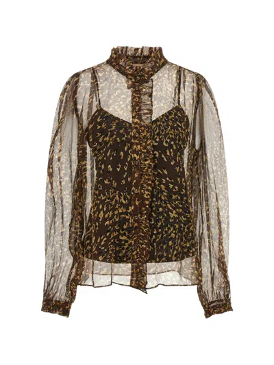 Twinset Animal-print Ruffled Shirt In Brown