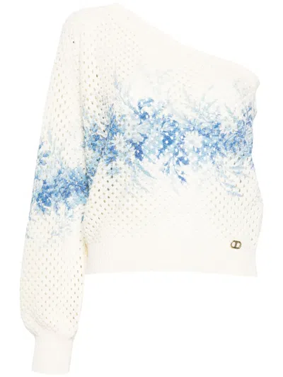 Twinset Asymmetric Open-knit Top In Neutrals