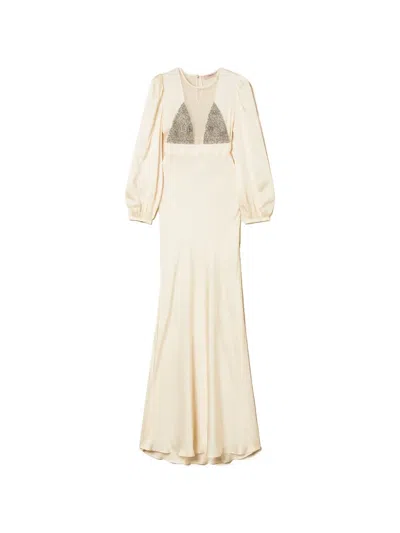 Twinset Balloon-sleeve Mesh-panel Dress In Neutral