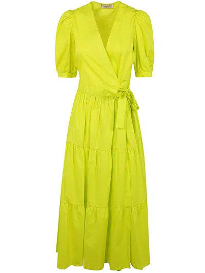 Twinset Baloon Sleeve Belted Dress With Flounce In Yellow & Orange